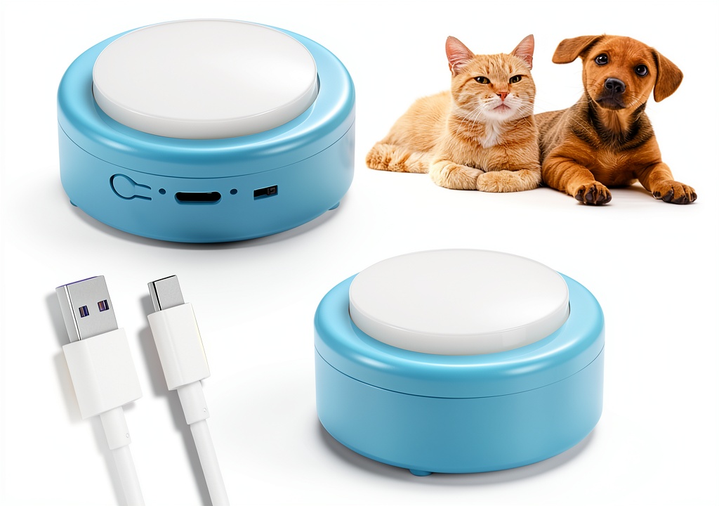 'CEYOVISION pet training buttons placed on a floor with a dog nearby'