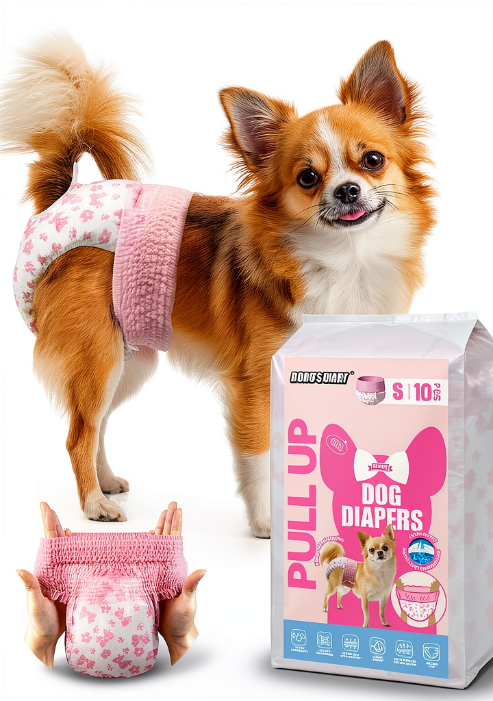 Dono pull-up dog diaper showing elastic waistband and fit on a small dog