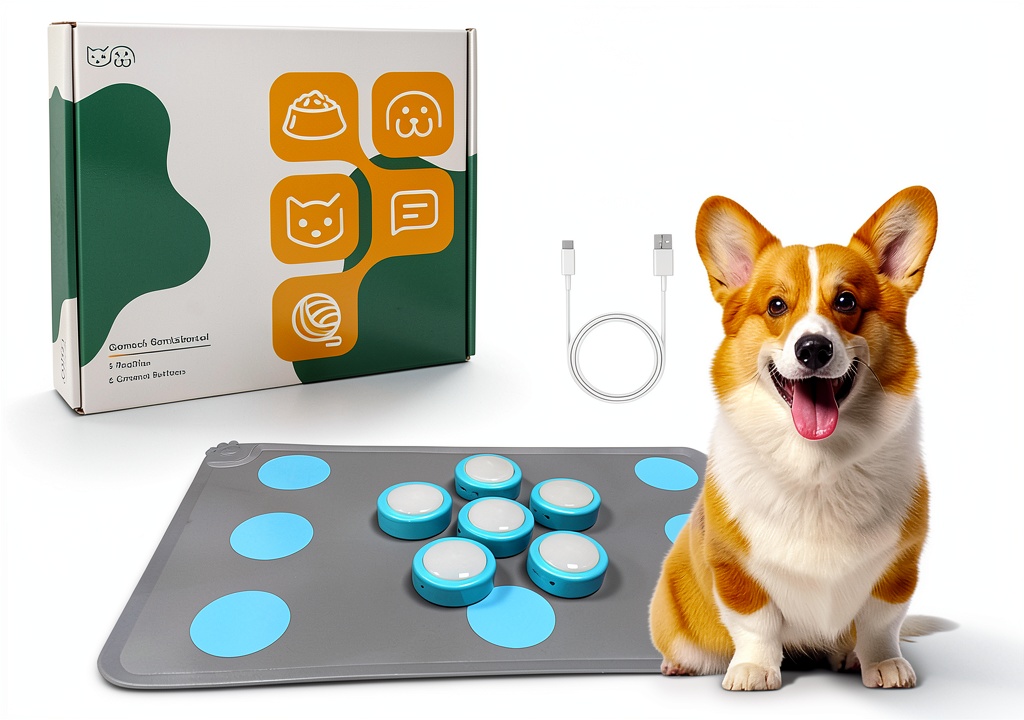KIMPOK Dog Training Buttons on silicone mat with a dog interacting