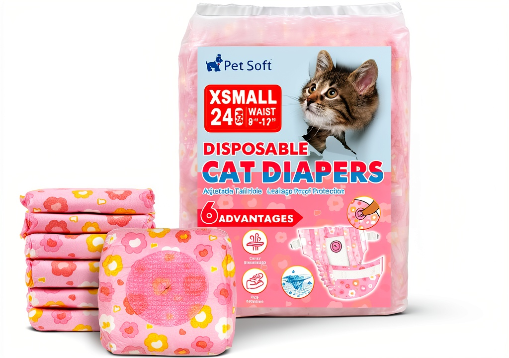 Pet Soft disposable cat diapers in various patterns and sizes
