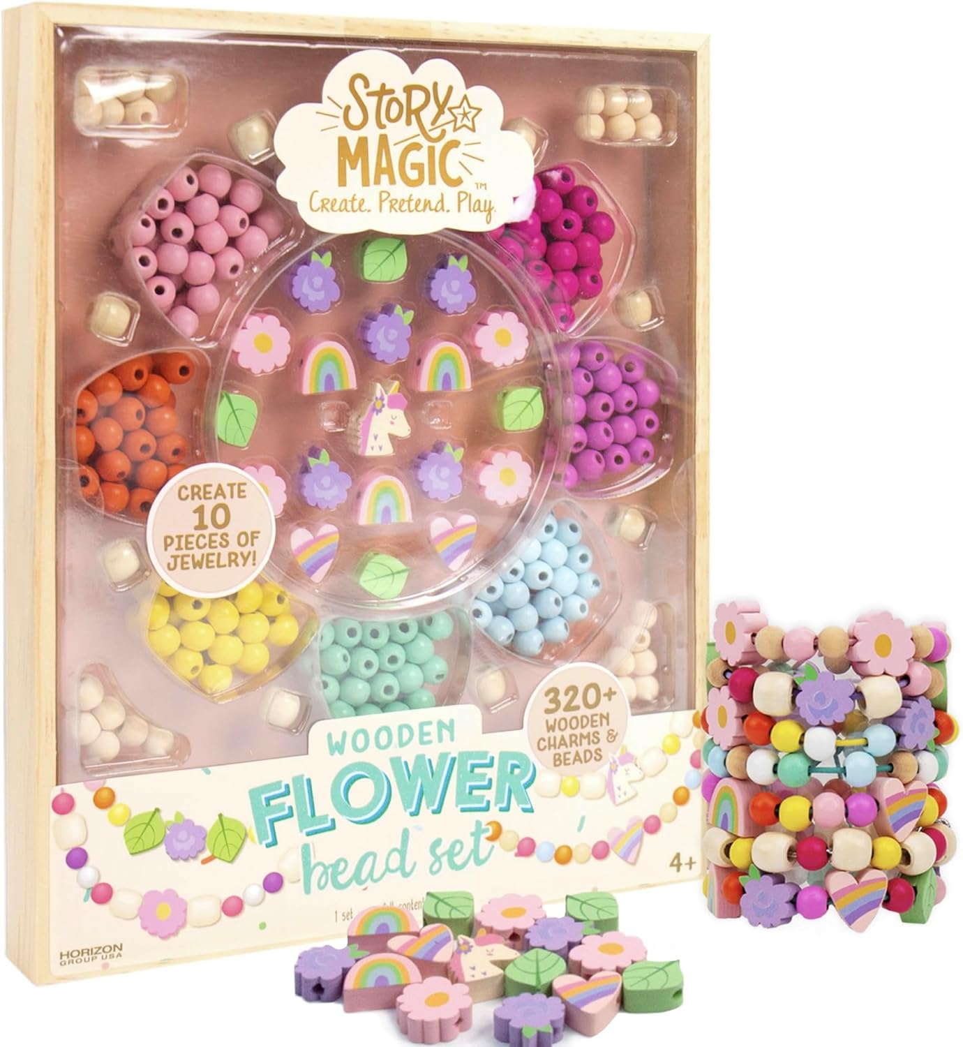 Kids arranging wooden beads from Story Magic Jewelry Making Kit on a colorful table