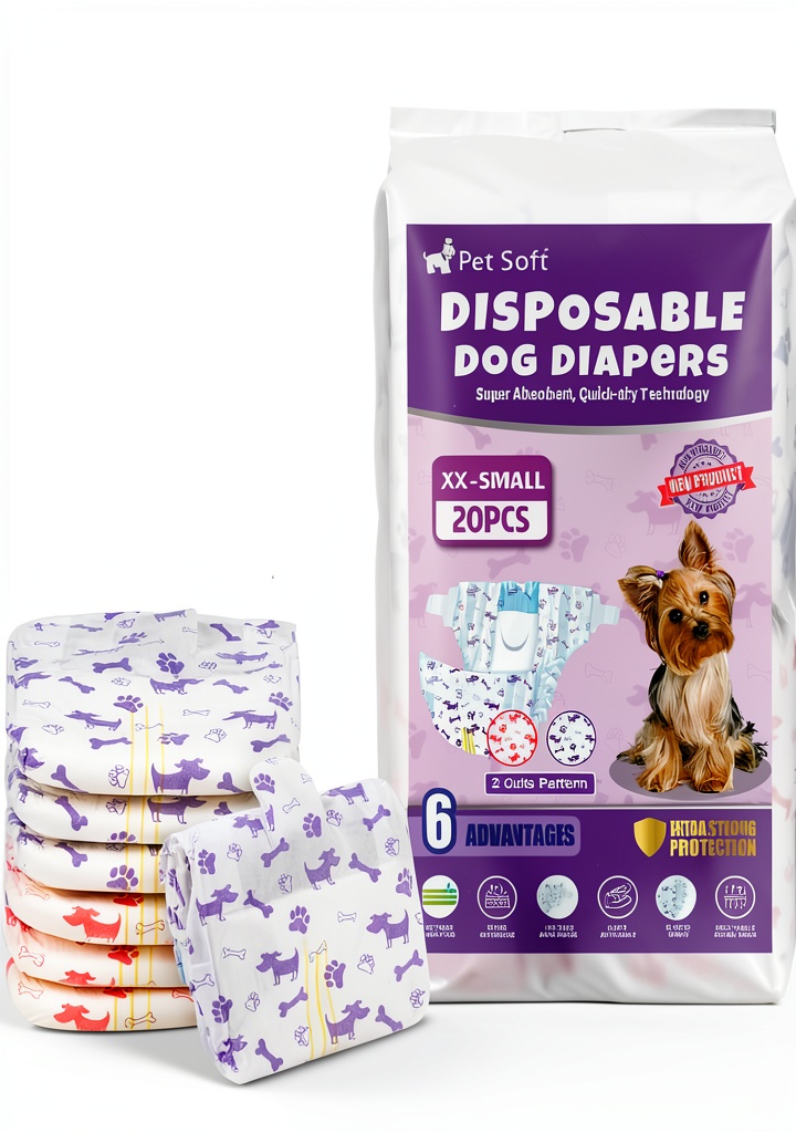 Pet Soft female dog diapers in mixed patterns on a small dog