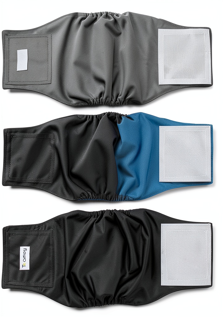 Close‑up of Teamoy Male Dog Diapers showing absorbent layers and adjustable magic tape on a wooden workbench